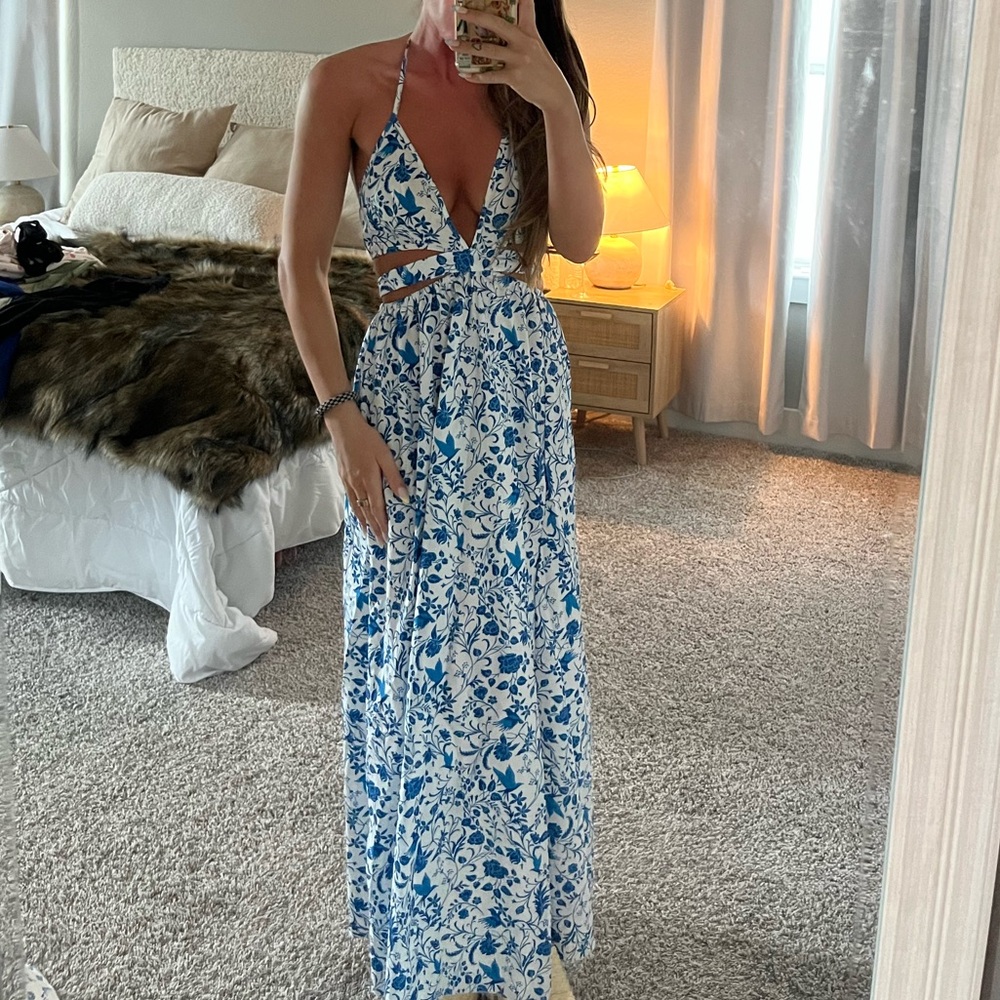 Blue and white floral cut out maxi dress